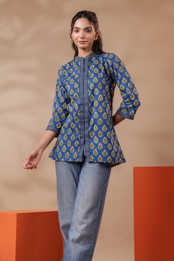 Hand Block Print Cotton Top, Blue Floral Kurti, Jaipuri Style