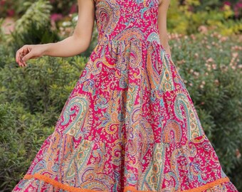 Robe imprimée bloc main| Robe d'été| Robe rose à volants | Robe trapèze en coton à fleurs|Robe midi à motifs ethniques |Fabriqué à la main en Inde