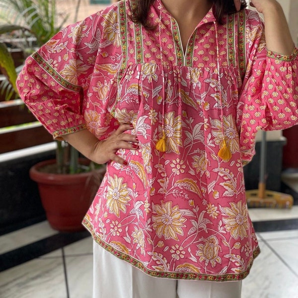 Block Print Pink Boho sleeves Cotton Floral top | handblock Kurti |puff sleeve blouse| Tie up neck | Indian cotton floral top | Jaipur print