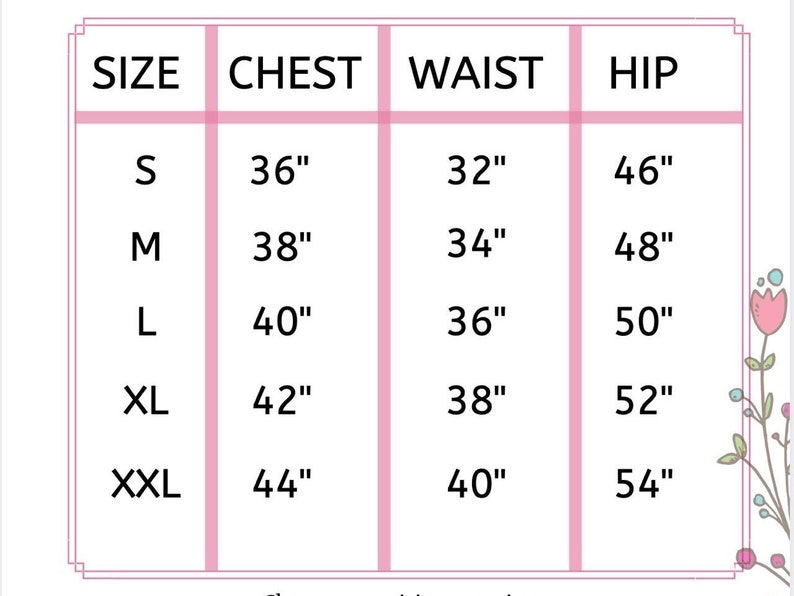 May include: Size chart with measurements in inches for chest, waist, and hip. Sizes include S, M, L, XL, and XXL.