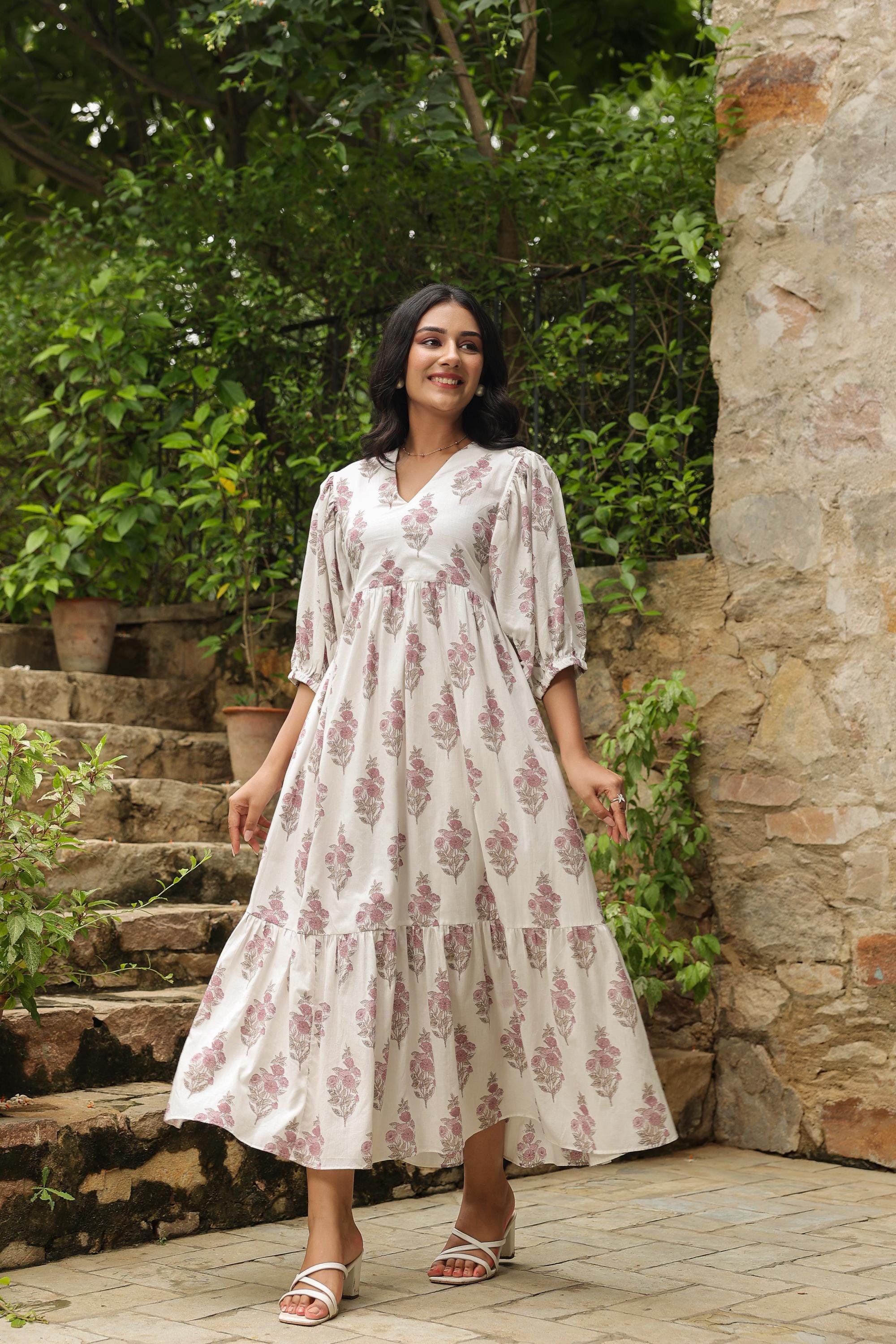 Hand Block Printed Cotton Dress | Pink Floral Ethnic Maxi