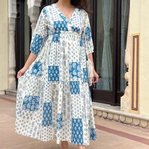 Hand Block Printed Dress Jaipuri Print Dress Cotton Floral DressWhite & Blue DressHandmade in IndiaDress with adjustable ties,open back image 1