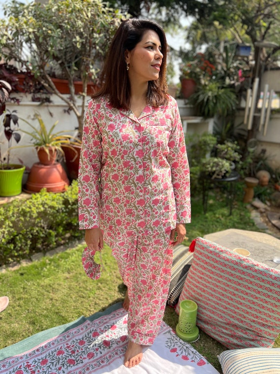 Hand Block Print Cotton Womens Nightsuitjaipuri Print Pink Floral  Loungewear Pjs Womens Pajama Set/nightsuit W/eyemaskmade in India 