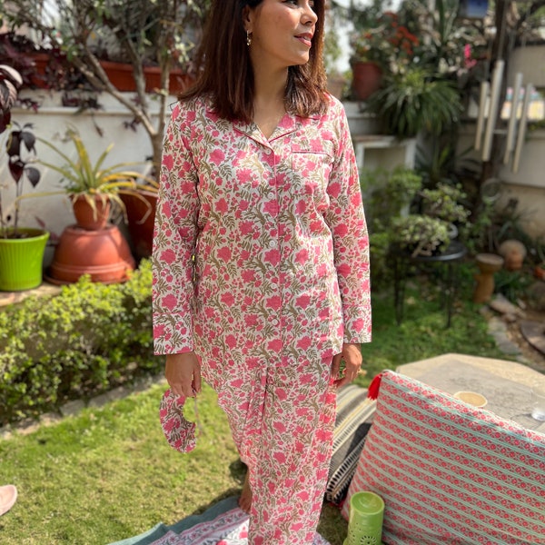 Hand block print cotton women’s nightsuit|jaipuri print Pink floral loungewear PJ’s| women’s pajama set/nightsuit w/eyemask|made in india