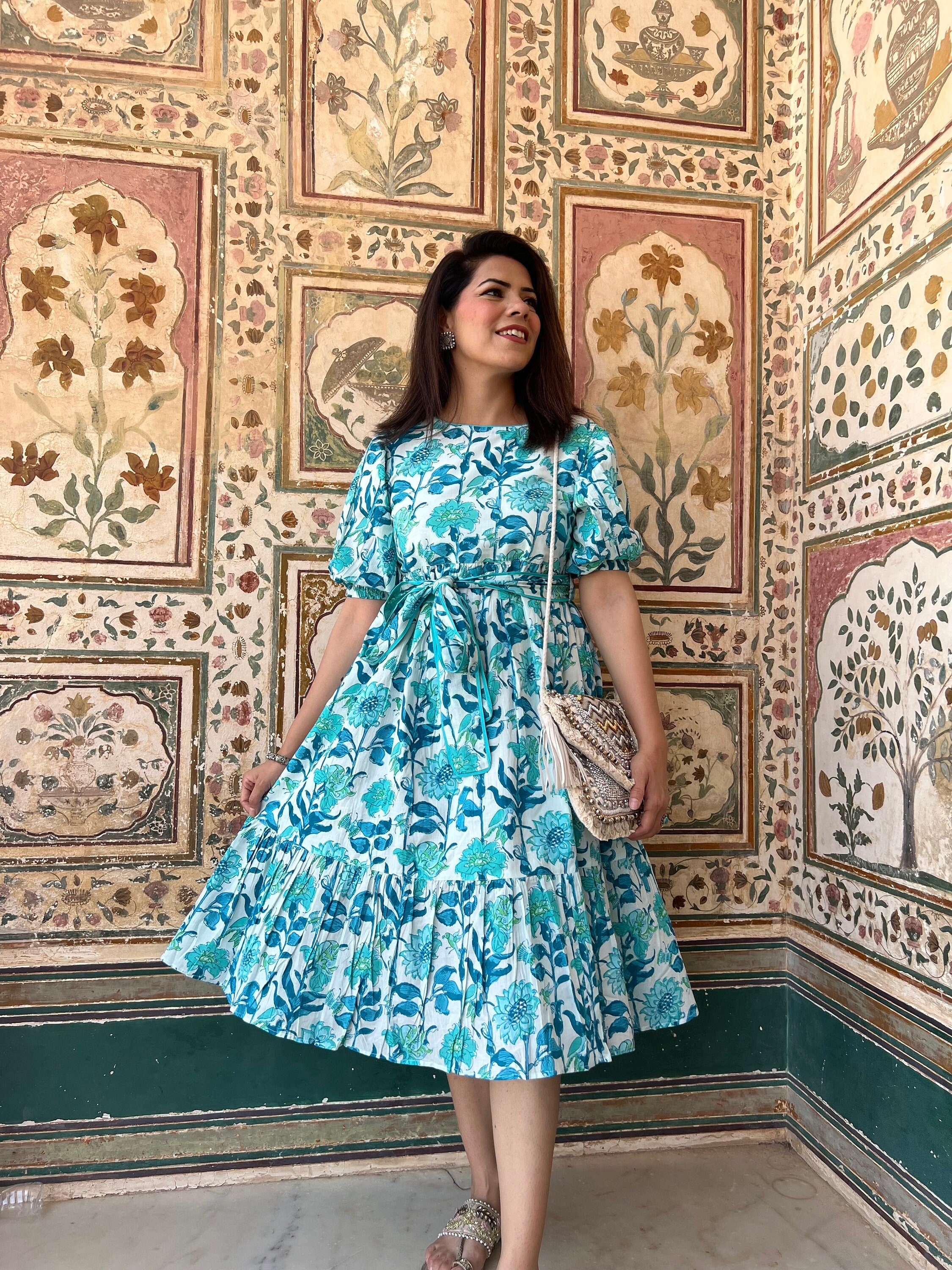blue and white floral dress with sleeves Blue & White Floral Short Sleeve Mini Dress