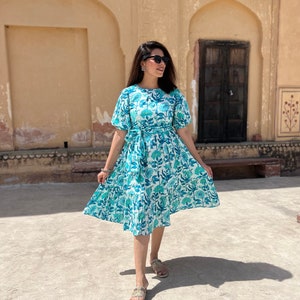 Hand Block Printed Dress | Summer knee length Dress | Cotton Floral White & Blue Dress| Handmade in India |Dress with belt,puffSleeve