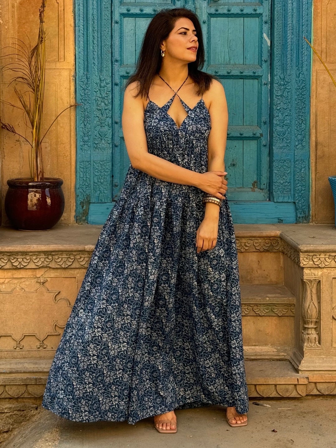Madras Cotton Indigo Sleeveless Dress main image 0