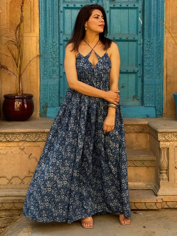 Hand Blockprint INDIGO Cotton MAXI Dress With Tie up Straps|summer  Sleeveless Beach Dress | Jaipuri Print Dress Made in India - Etsy