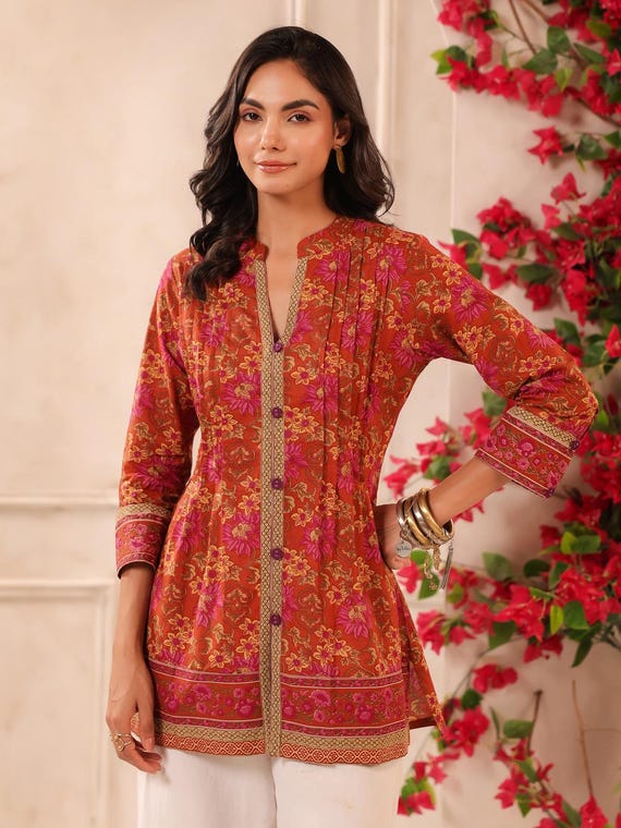 Hand Block Printed Cotton Top, Red Floral Kurti, Indian Summer Style