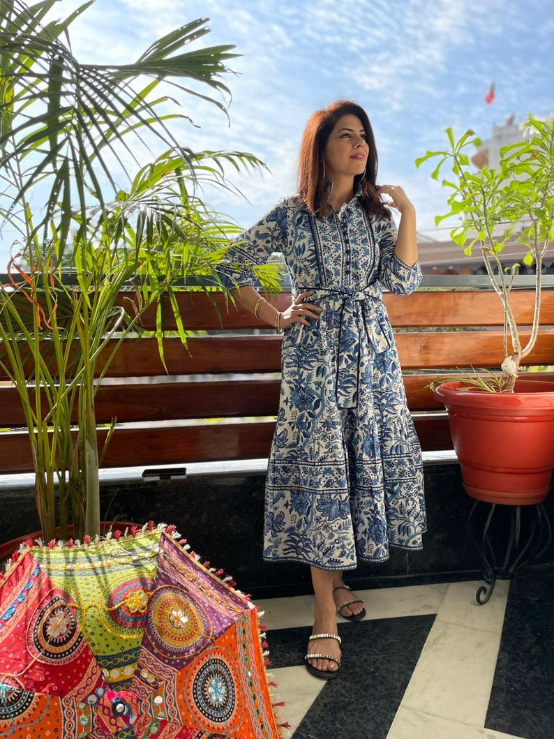 Hand Block Printed Dress Summer Midi Dress Cotton Floral Dress White & Blue Dress Handmade in India Dress with pockets,belt image 1