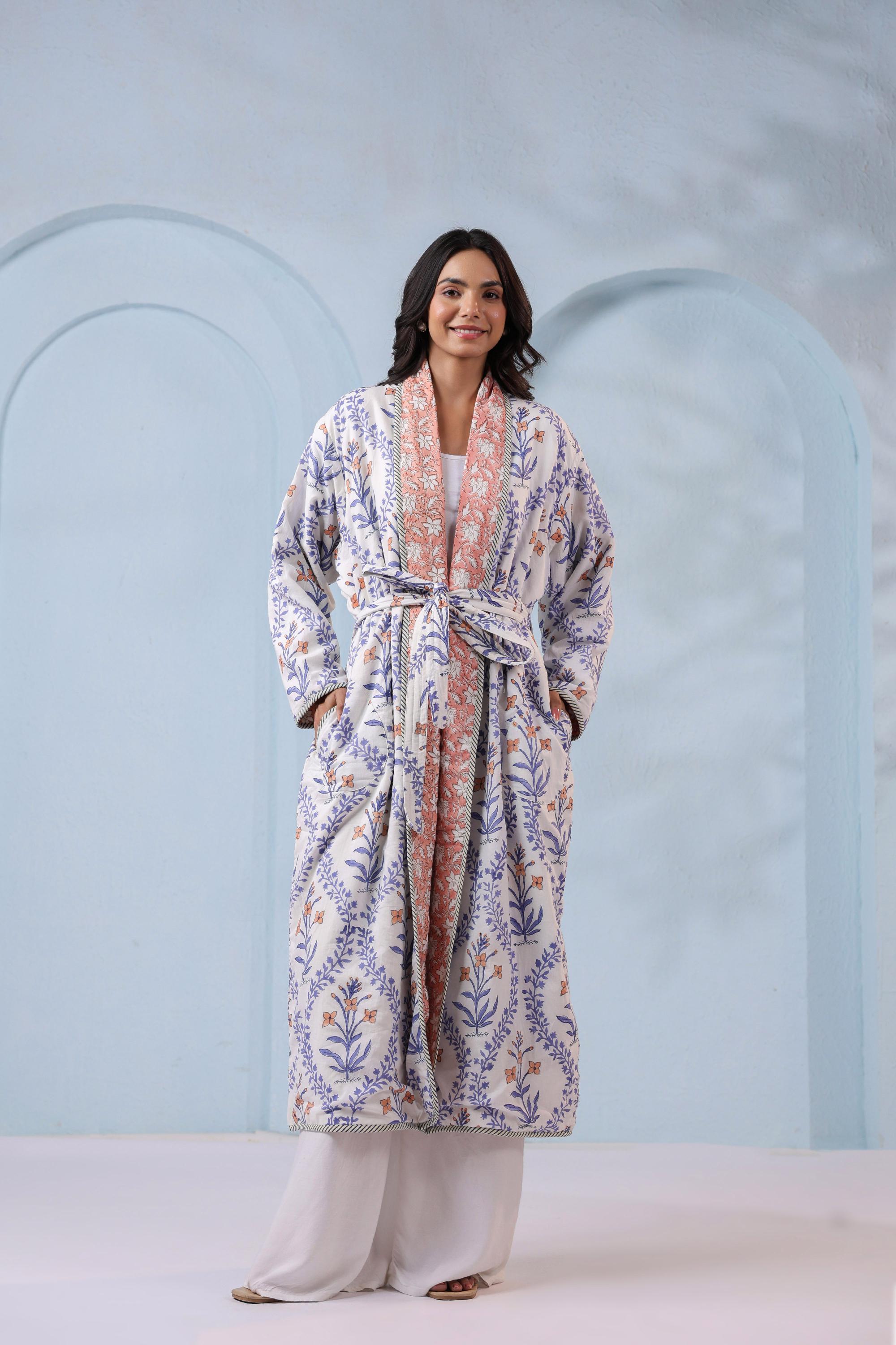knee length dresses for ladies Quilted Block Printed Dressing Gowns  CosyBuddha
