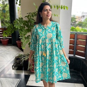 Hand Block Printed Dress|Summer Dress|Blue & Yellow Knee lengthdress|Cotton floral dress A line Dress,tie-up neck,Handmade in india