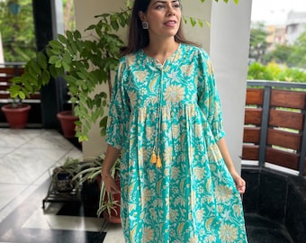 Hand Block Printed Dress|Summer Dress|Blue & Yellow Knee lengthdress|Cotton floral dress A line Dress,tie-up neck,Handmade in india