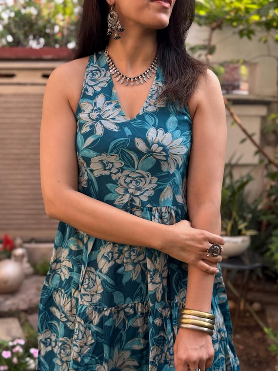 Hand Block Printed Cotton Midi Dress | Blue Floral Halter Neck Tier Dress India