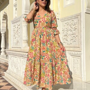 Beige - Block Print Mul Cotton Tiered Bagh Dress 14