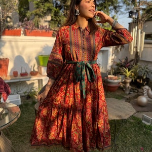 Hand Block Printed Dress Midi Summer Dress Cotton Floral Dress Red Green block print Dress Handmade in India TIER Dress with pockets,belt image 4