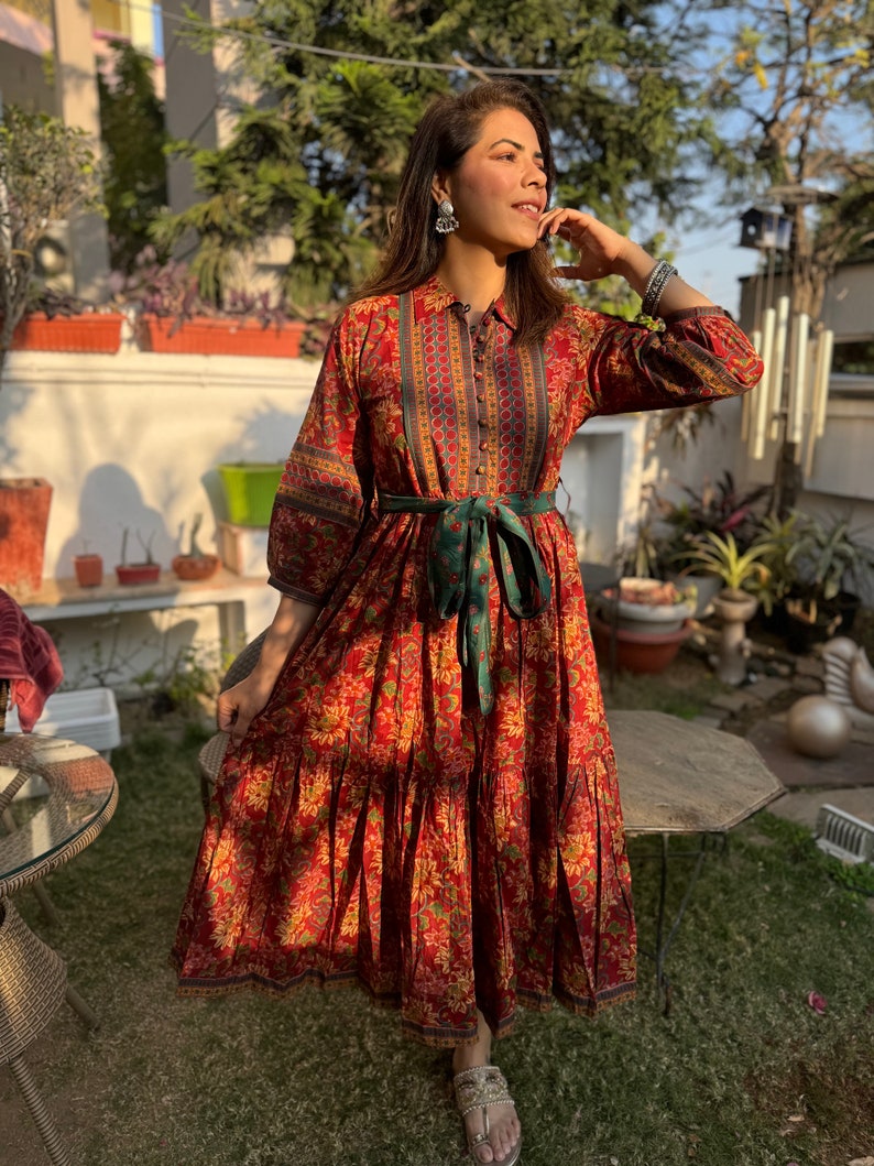 Hand Block Printed Dress Midi Summer Dress Cotton Floral Dress Red Green block print Dress Handmade in India TIER Dress with pockets,belt image 4