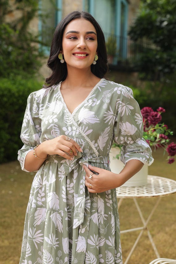 Hand Block Print Cotton Midi Dress, Jaipuri Floral Boho Style, Lightweight Summer Women's Apparel