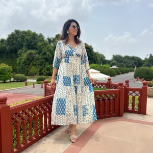 Hand Block Printed Dress Jaipuri Print Dress Cotton Floral DressWhite & Blue DressHandmade in IndiaDress with adjustable ties,open back image 7