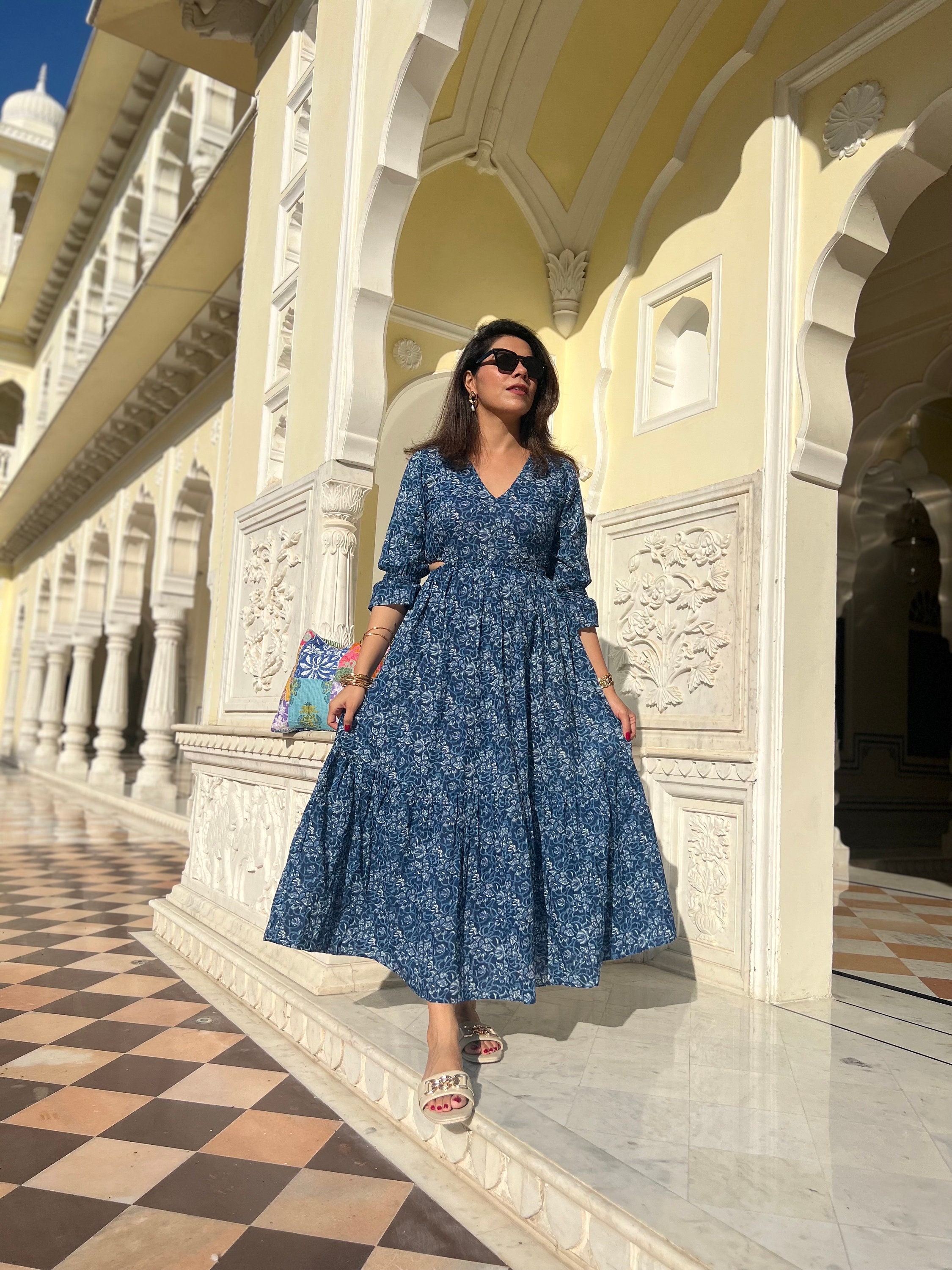 Hand Block Print Cotton Maxi Dress, Indigo Tiered Summer Dress