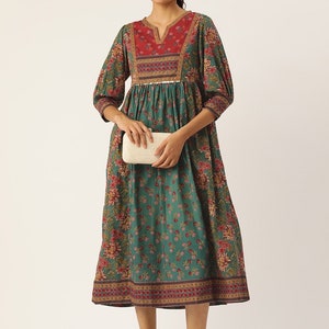 Hand Block Printed Cotton Midi Dress, Green Red Floral, Ethnic A-Line