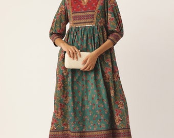 Hand Block Printed Dress Summer MIDI Dress Green Red Cotton floral A line dress ethnic motif block print Dress 3/4th sleeves,handmade dress