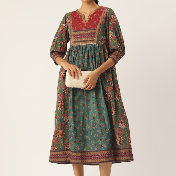 Hand Block Printed Dress Summer MIDI Dress Green Red Cotton floral A line dress ethnic motif block print Dress 3/4th sleeves,handmade dress