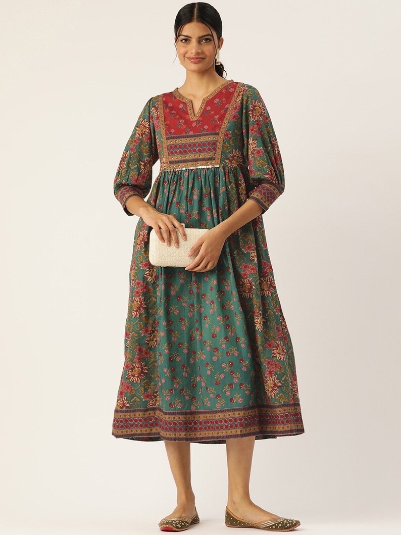 Hand Block Printed Dress Summer MIDI Dress Green Red Cotton floral A line dress ethnic motif block print Dress 3/4th sleeves,handmade dress image 1