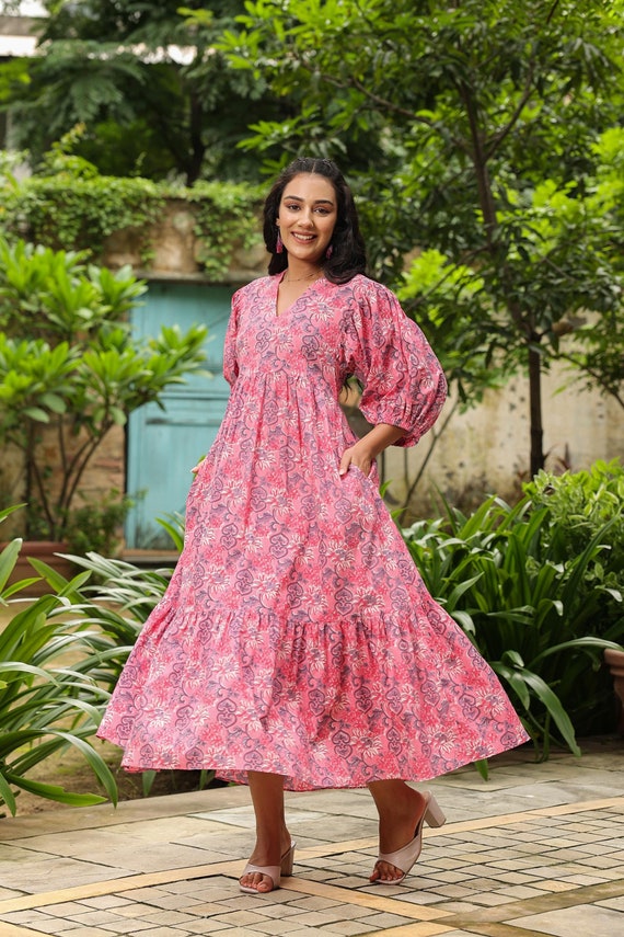 white christmas dresses Baby Pink Thread Embroidered Pure Cotton Designer Maxi Dress For Women –  Label Madhuri Thakkar main image 1