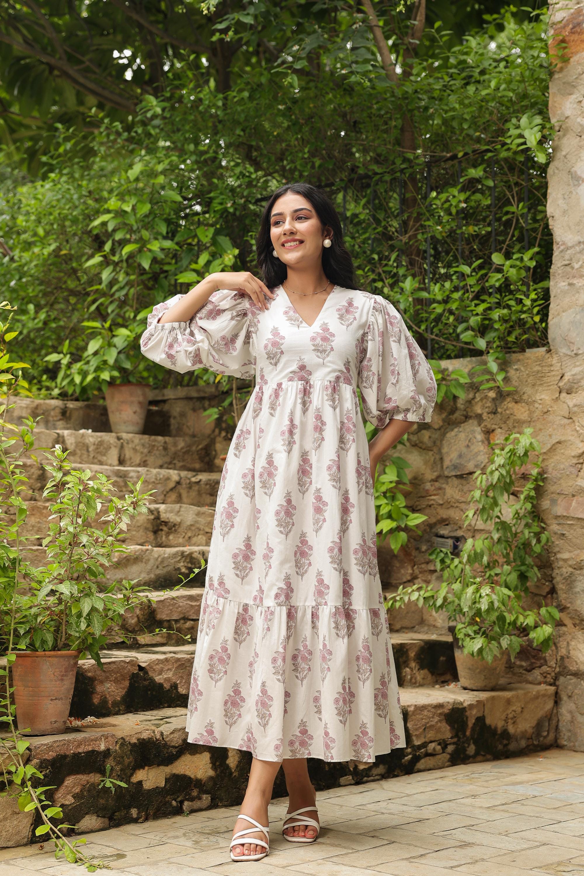 cotton dress design Hand Block Print Cotton Maxi Dress, Indigo Tiered Summer Dress