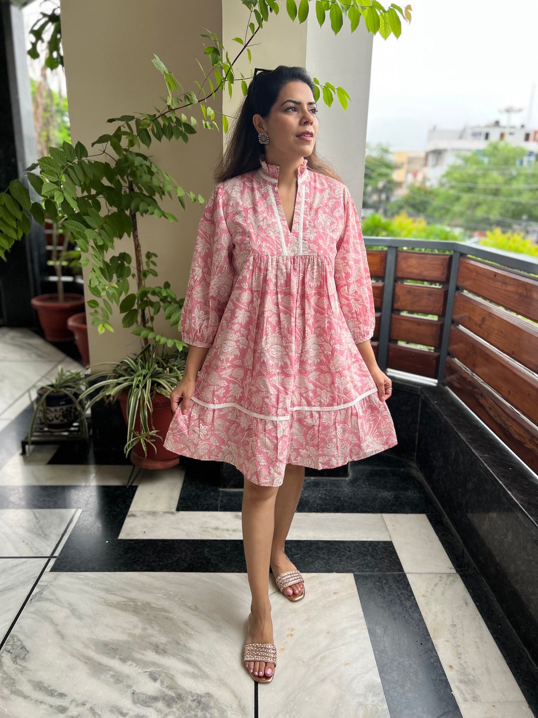 Hand Block Printed Dress|summer Dress|pink & White Knee Lengthdress ...