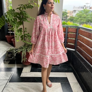 Hand Block Printed Dress|Summer Dress|Pink & white Knee lengthdress|Cotton floral dress A line Dress,Frill MandarinCollar,Handmade in india