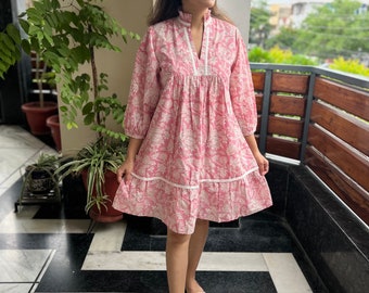 Hand Block Printed Dress|Summer Dress|Pink & white Knee lengthdress|Cotton floral dress A line Dress,Frill MandarinCollar,Handmade in india