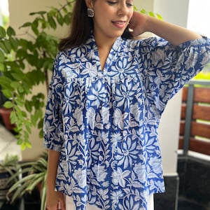 HandBlock Print Blue&White Floral Cotton top|Indian cotton tie-up top|Jaipuri Print Kurti|Puff sleeves bohemian top| women’s Indian blouse