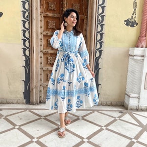 Hand Block Printed Dress Floral Summer Midi Dress Cotton Dress White & Blue Dress Mughal Motif dress Block print Dress with pockets belt image 4