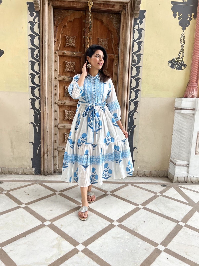 Hand Block Printed Dress Floral Summer Midi Dress Cotton Dress White & Blue Dress Mughal Motif dress Block print Dress with pockets belt image 4