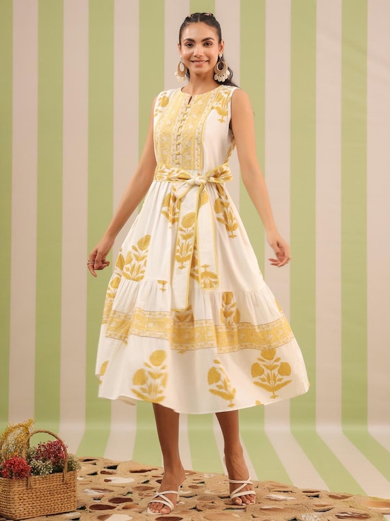 Hand Block Printed Cotton Midi Dress | Yellow Floral, Pockets & Belt