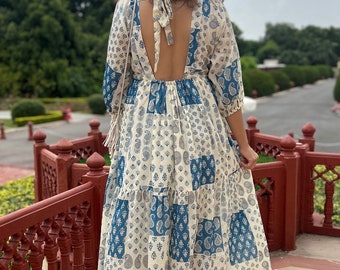 Hand block print Cotton FreeSize Dress|Blue & White Block print floral dress |Handmade Jaipuri print|oneSize,open Back,adjustable ties