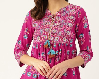 Bloque de mano impreso algodón Kurti, top rosa Jaipuri, blusa de manga 3/4 Túnica kurti floral india