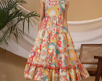 Hand Block Printed Dress| Summer Dress|Multicolor GreyBeige|Cotton floral fit & flare dress,|Ethnic motif Midi Dress| Handmade in India