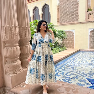 Hand Block Printed Dress Jaipuri Print Dress Cotton Floral DressWhite & Blue DressHandmade in IndiaDress with adjustable ties,open back image 4