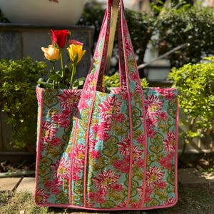 Indische Baumwolle gesteppte Einkaufstasche Handgemachte Einkaufstasche Floral Block Gedruckt Einkaufs Markt Reisetasche Mehrzwecktasche Schultertasche Frauen Handtasche