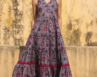 Hand Block Printed Dress| Summer Dress| Blue & pink dress| Cotton floral A line dress|Ethnic motif Midi Dress Halter neck |Handmade in India