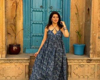 Hand Block Print Indigo Cotton Maxi Dress | Sleeveless Summer Beach Dress