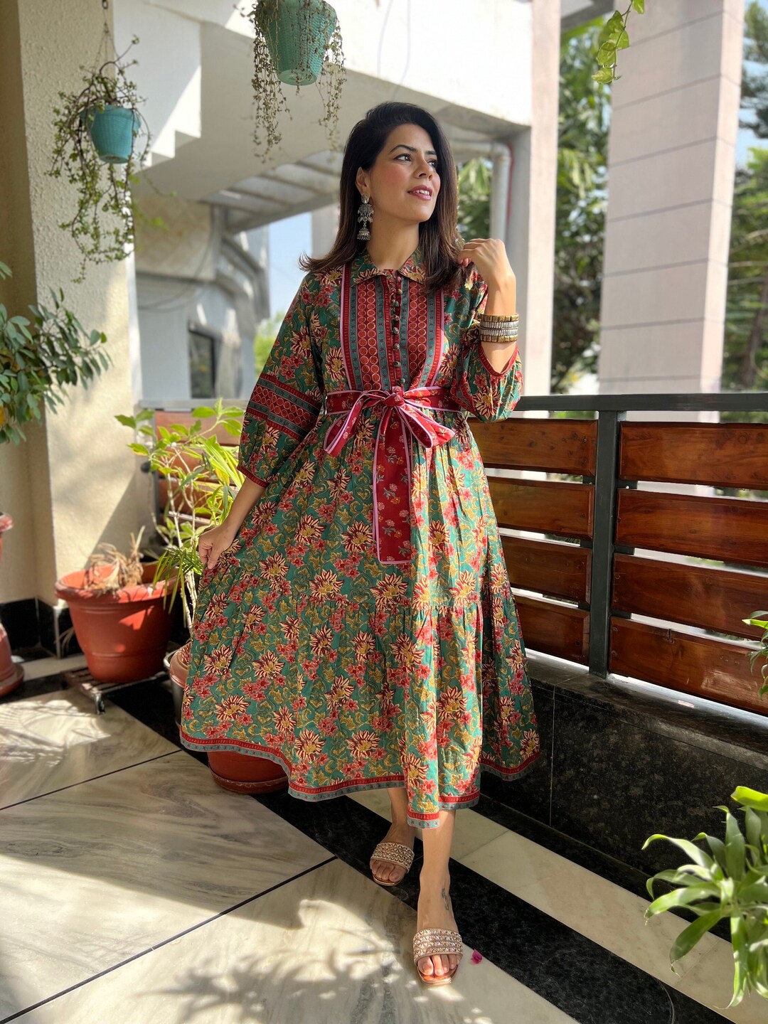 indian green red floral hand block printed women's maxi dress - frill collar with belt long dress