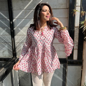 Hand block White Pink Cotton Floral top|Block print kurti| Tie up neck,Bell Sleeves,hip length|Indian cotton floral top |Jaipuri print