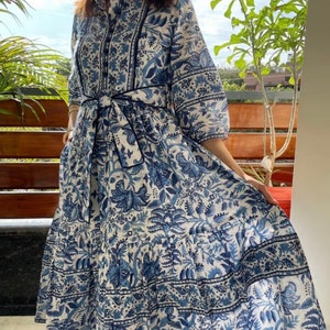 Hand Block Printed Dress Summer Midi Dress Cotton Floral Dress White & Blue Dress Handmade in India Dress with pockets,belt image 4