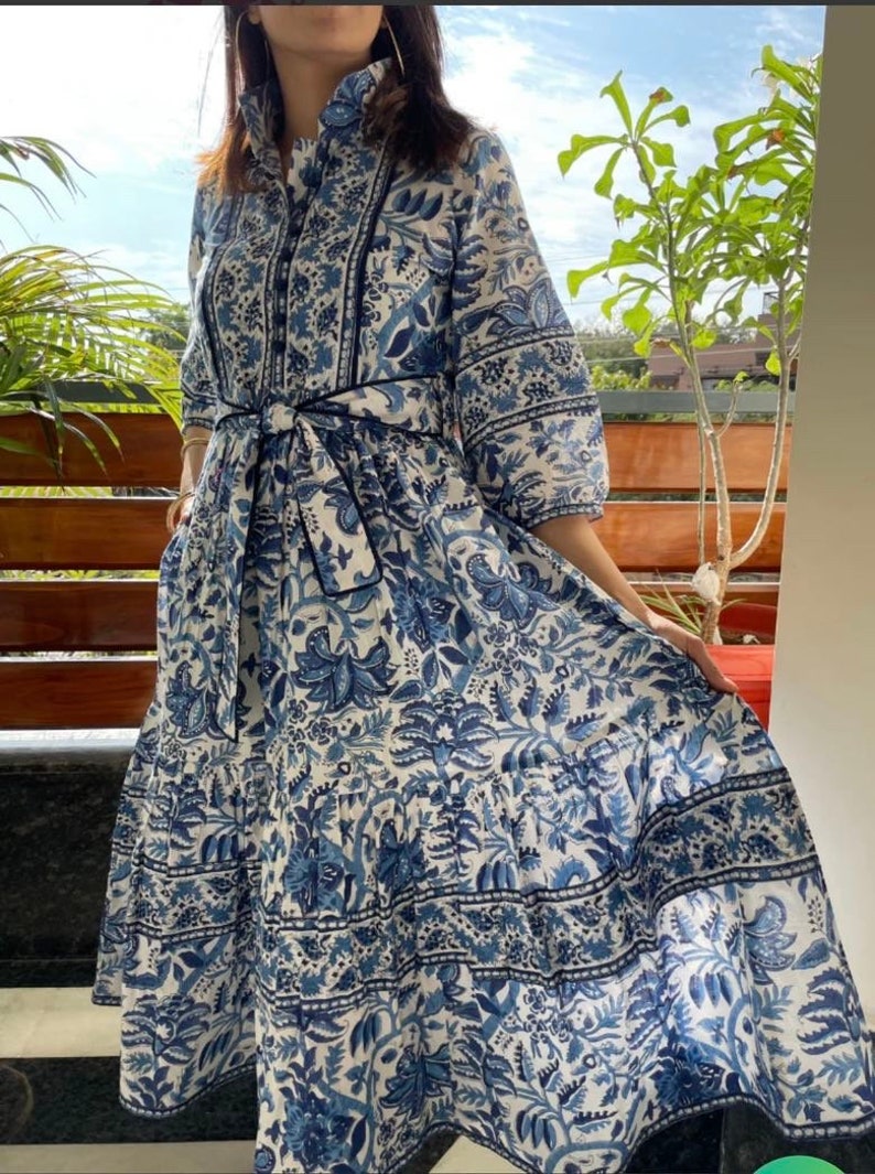 Hand Block Printed Dress Summer Midi Dress Cotton Floral Dress White & Blue Dress Handmade in India Dress with pockets,belt image 4