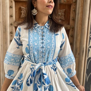 Hand Block Printed Dress Floral Summer Midi Dress Cotton Dress White & Blue Dress Mughal Motif dress Block print Dress with pockets belt image 2