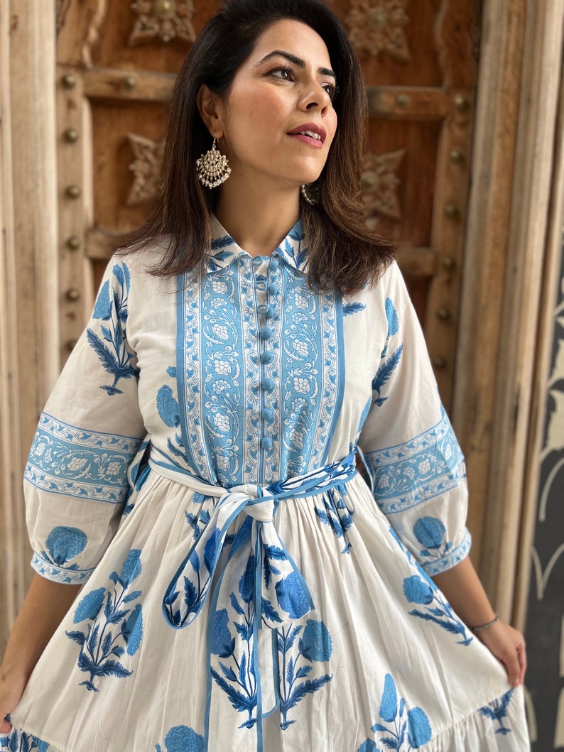 Hand Block Printed Dress Floral Summer Midi Dress Cotton Dress White & Blue Dress Mughal Motif dress Block print Dress with pockets belt image 2